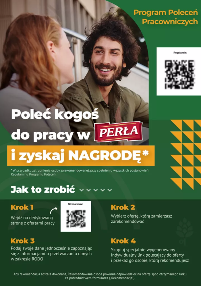 Grafika reklamująca program poleceń pracowniczych w firmie Perła